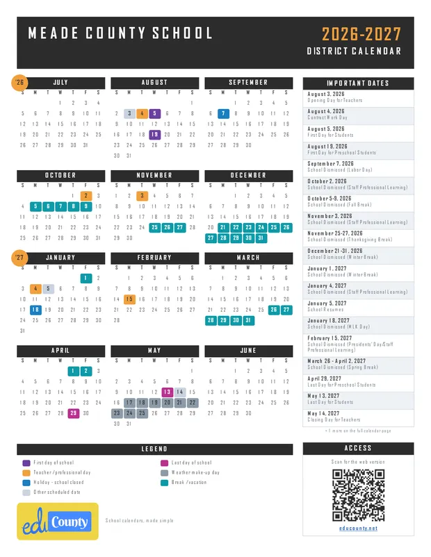 Meade County School printable 2026-27 calendar