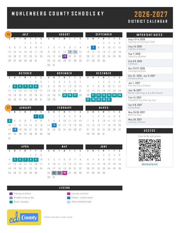 Muhlenberg County Schools printable 2026-27 calendar