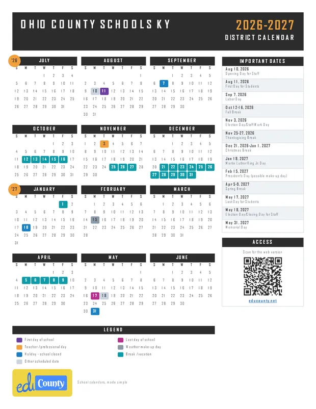 Ohio County Schools printable 2026-27 calendar