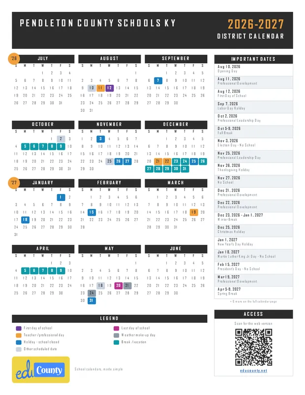 Pendleton County Schools printable 2026-27 calendar