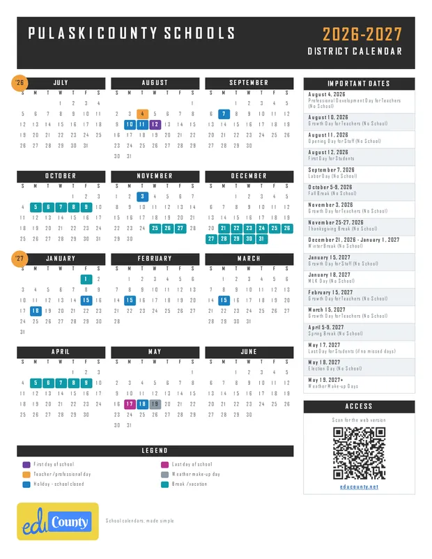 Pulaski County Schools printable 2026-27 calendar