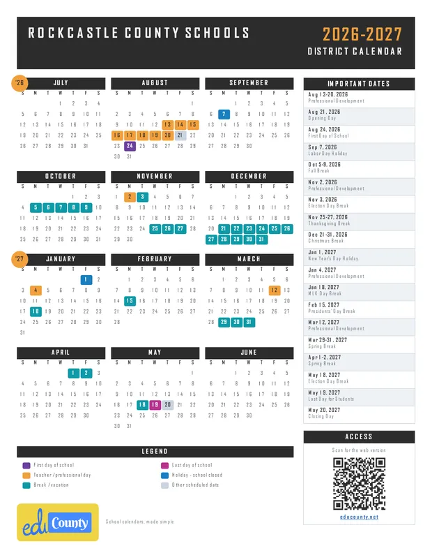 Rockcastle County Schools printable 2026-27 calendar