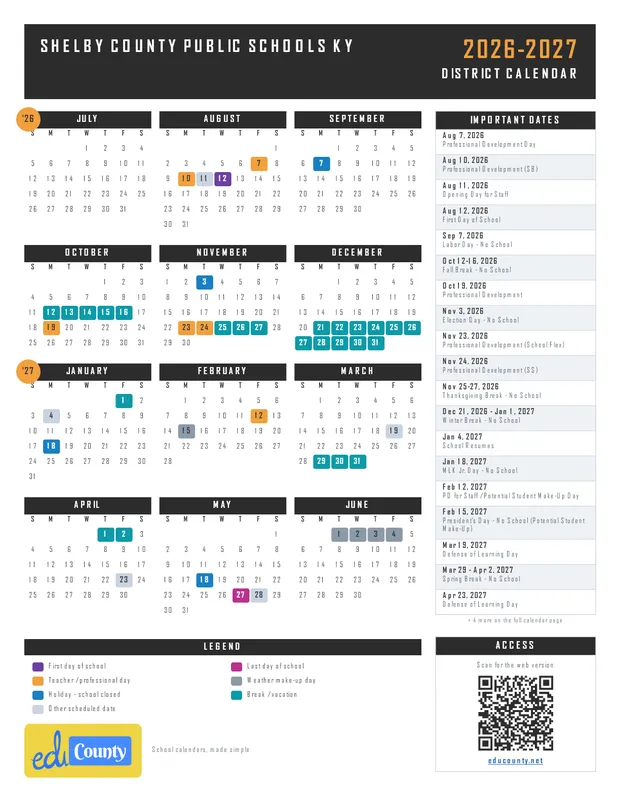 Shelby County Public Schools printable 2026-27 calendar