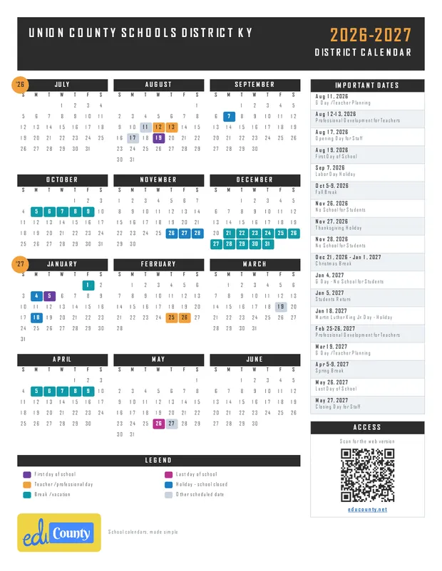 Union County Schools District printable 2026-27 calendar