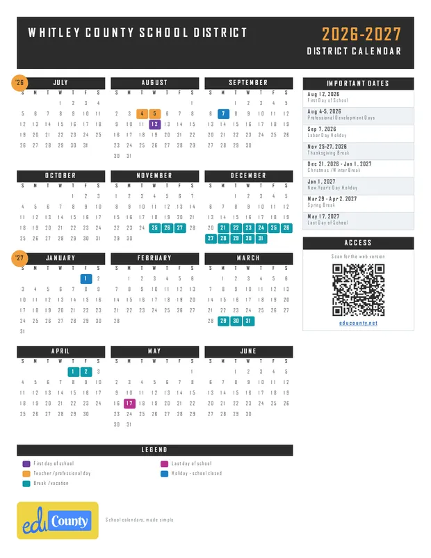 Whitley County School District printable 2026-27 calendar