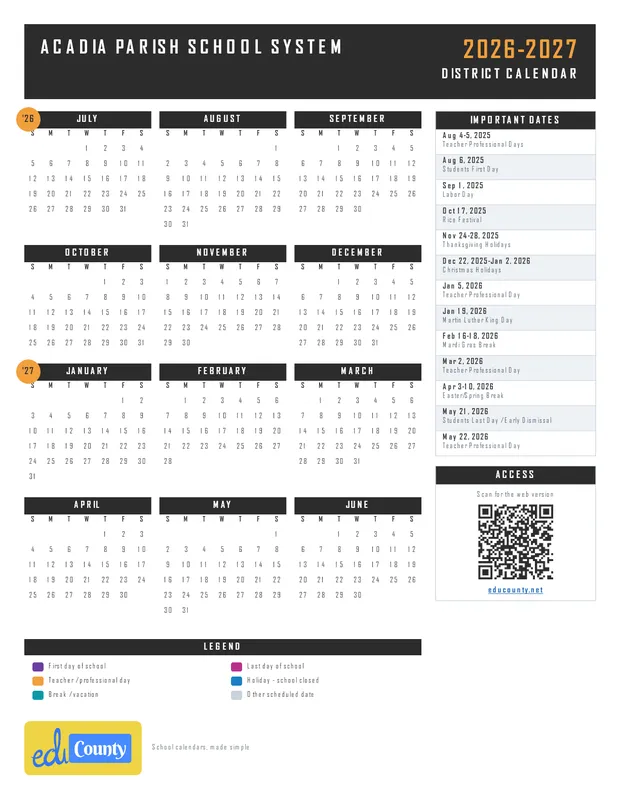 Acadia Parish School System 25-26 printable 2026-27 calendar