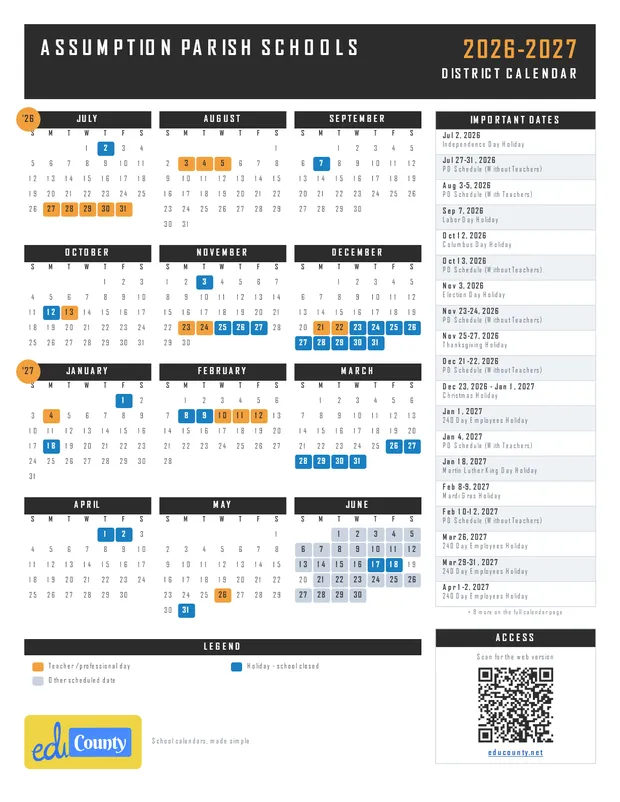 Assumption Parish Schools printable 2026-27 calendar