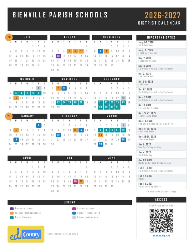 Bienville Parish Schools printable 2026-27 calendar