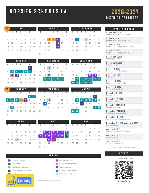 Bossier Schools LA printable 2026-27 calendar