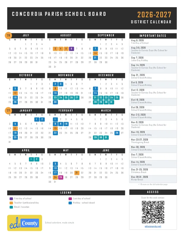 Concordia Parish School Board printable 2026-27 calendar
