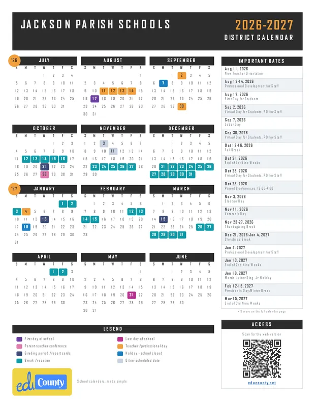 Jackson Parish Schools printable 2026-27 calendar