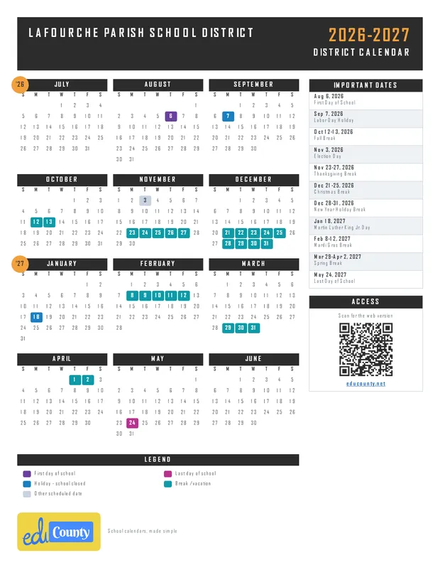 Lafourche Parish School District printable 2026-27 calendar
