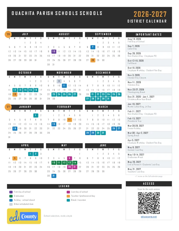 Ouachita Parish Schools printable 2026-27 calendar