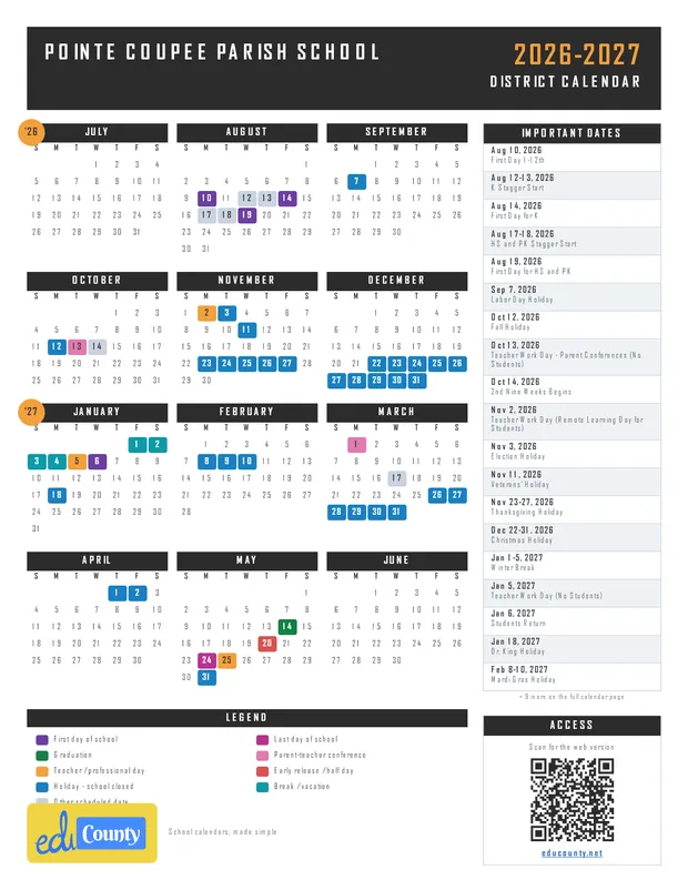 Pointe Coupee Parish School printable 2026-27 calendar
