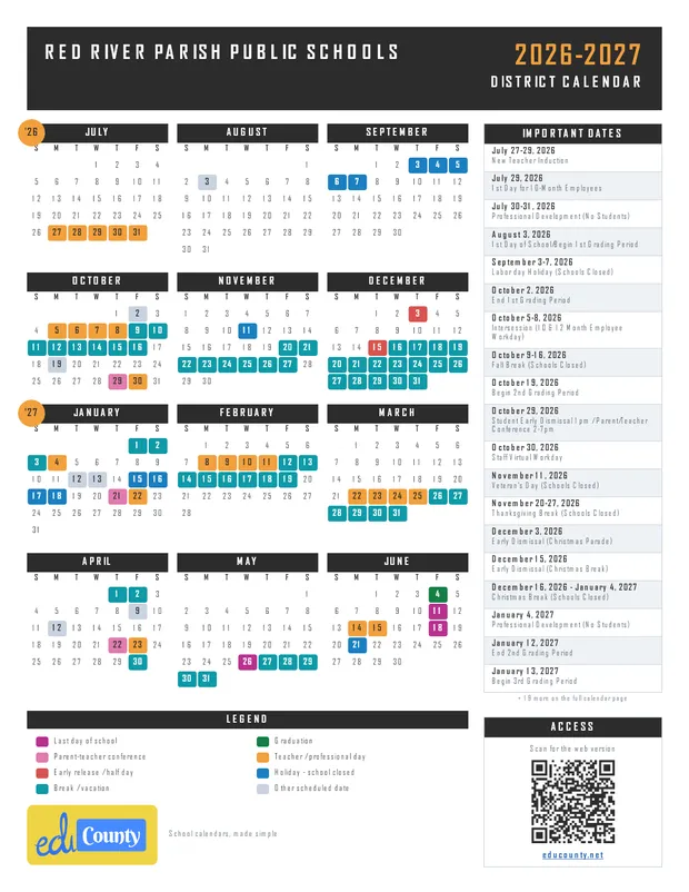 RED RIVER PARISH PUBLIC SCHOOLS printable 2026-27 calendar