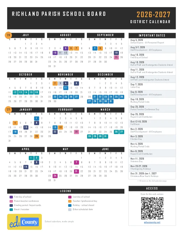 Richland Parish School Board printable 2026-27 calendar