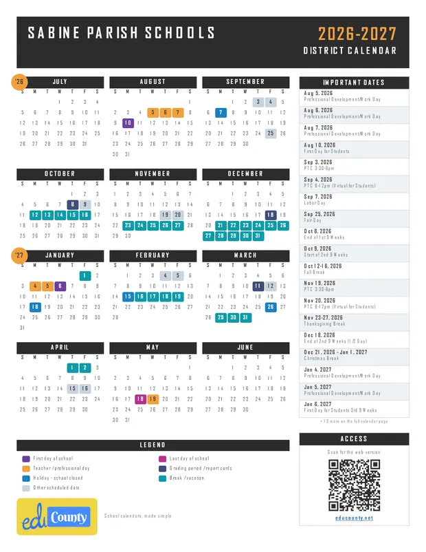 SABINE PARISH SCHOOLS printable 2026-27 calendar