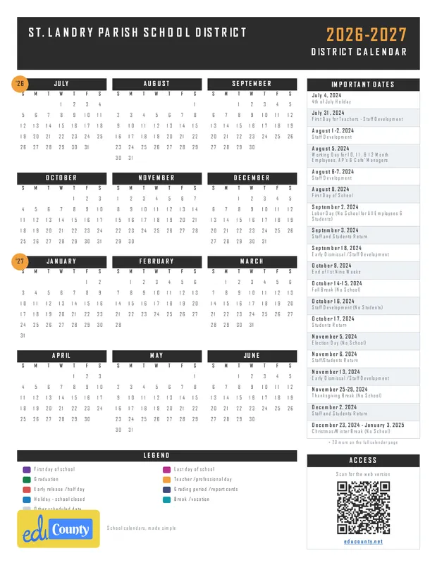 St. Landry Parish School District printable 2026-27 calendar
