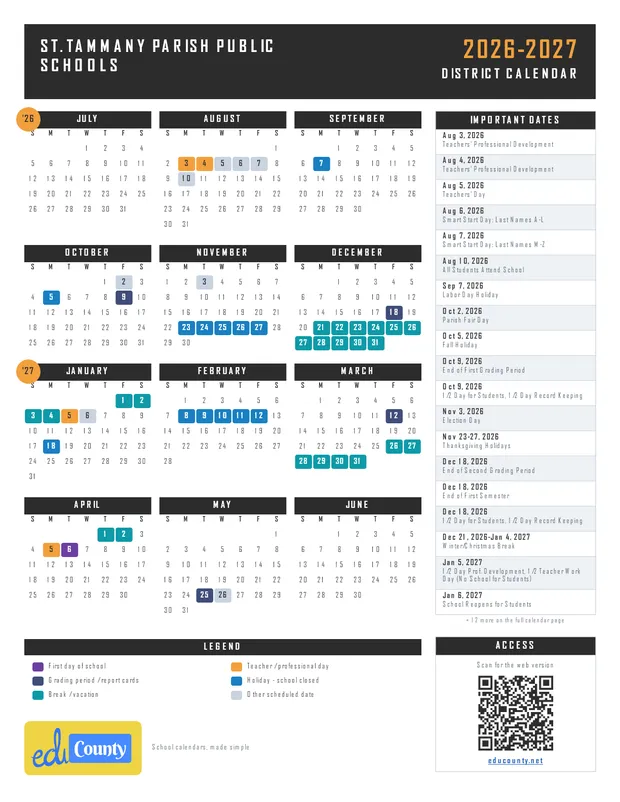 St. Tammany Parish Public Schools printable 2026-27 calendar
