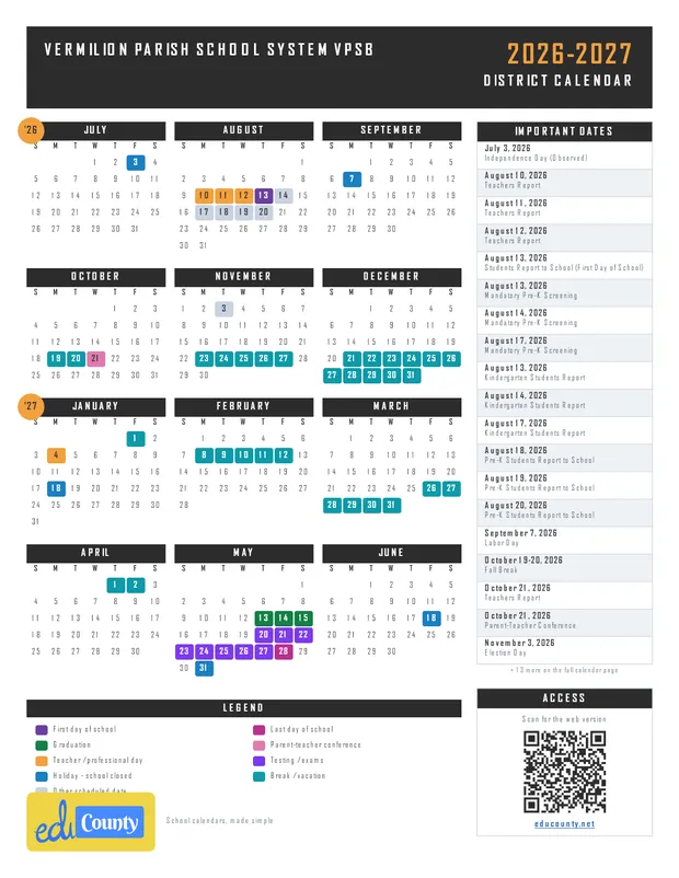 Vermilion Parish School System vpsb printable 2026-27 calendar