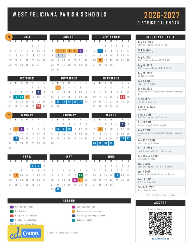 West Feliciana Parish Schools printable 2026-27 calendar