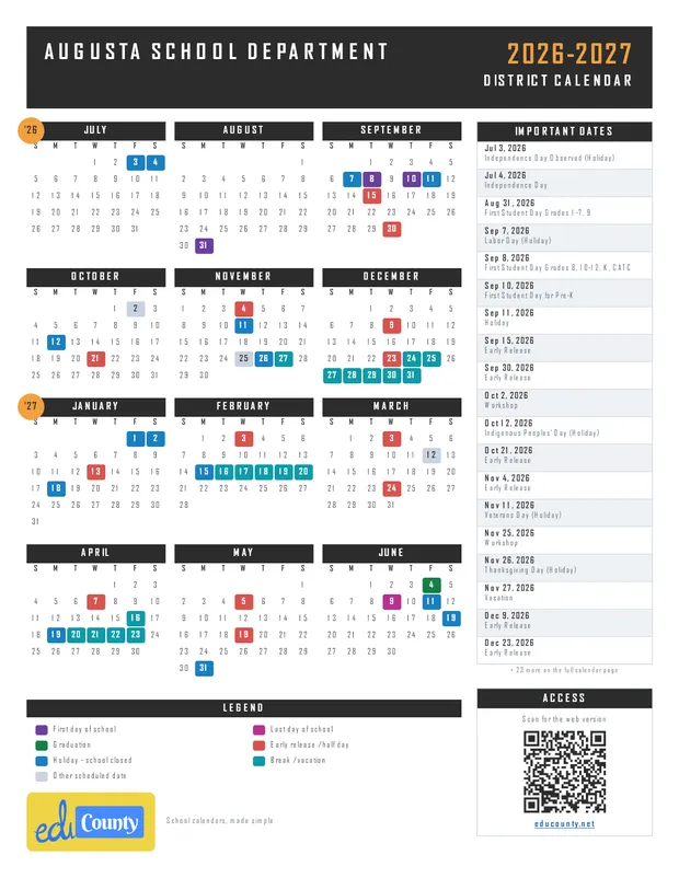 Augusta School Department printable 2026-27 calendar