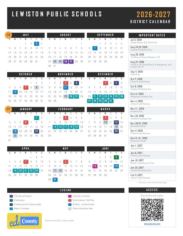 Lewiston Public Schools printable 2026-27 calendar
