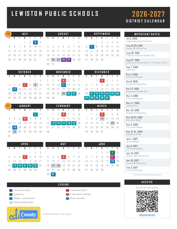 Lewiston Public Schools printable 2026-27 calendar