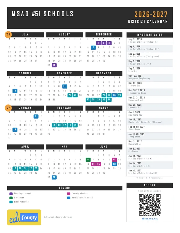 MSAD #51 Schools printable 2026-27 calendar