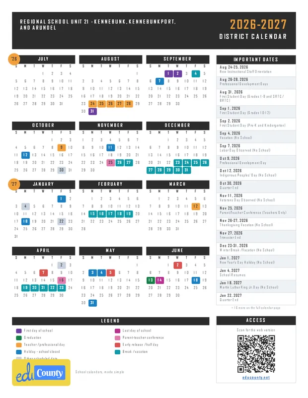 Regional School Unit 21 - Kennebunk, Kennebunkport, and Arundel printable 2026-27 calendar