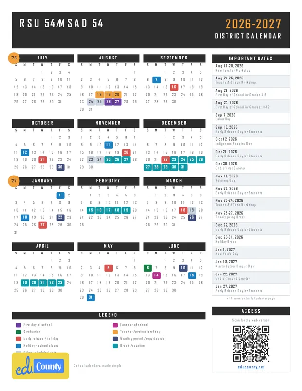 RSU 54/MSAD 54 printable 2026-27 calendar