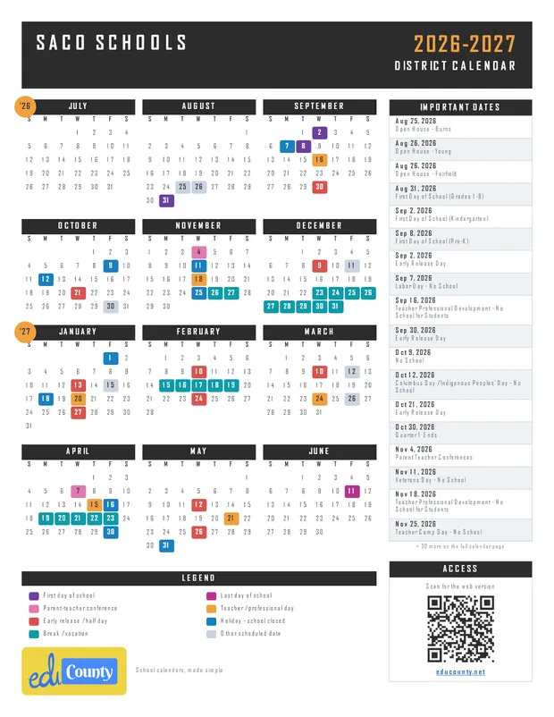 Saco Schools printable 2026-27 calendar