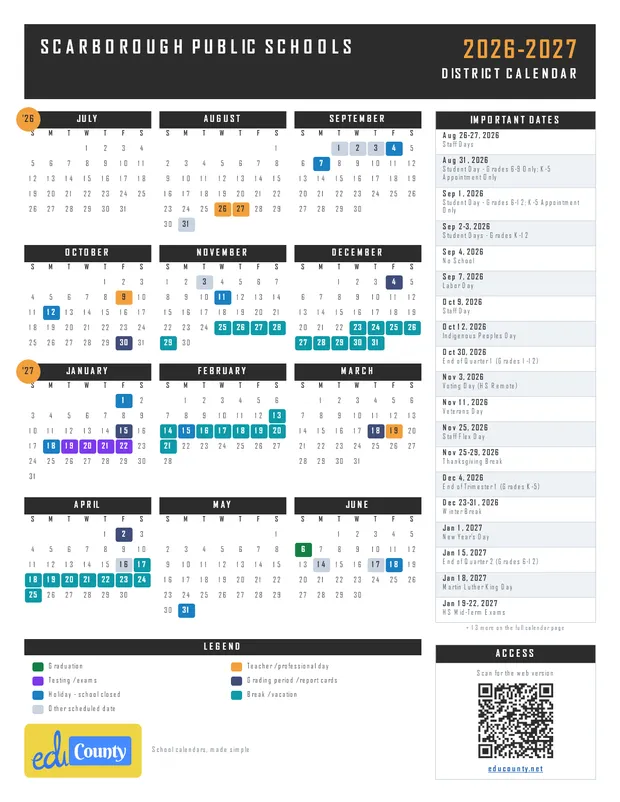 Scarborough Public Schools printable 2026-27 calendar