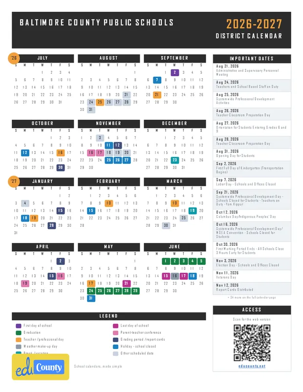Baltimore County Public Schools printable 2026-27 calendar
