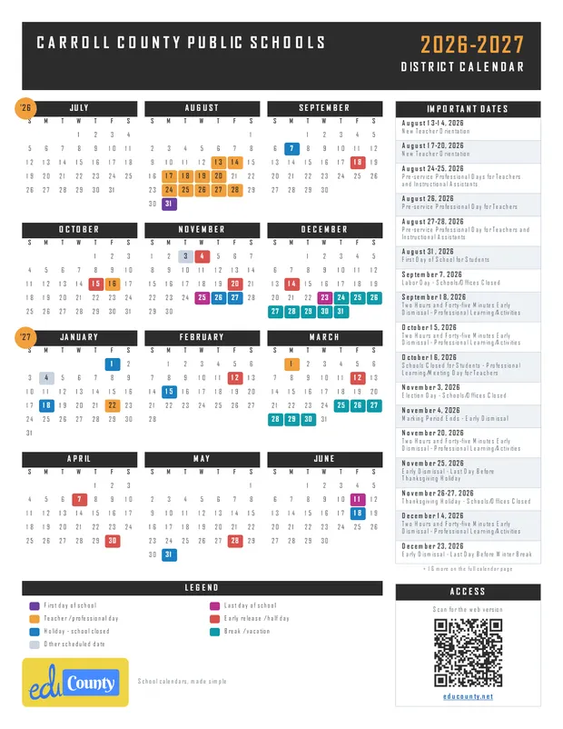 Carroll County Public Schools printable 2026-27 calendar