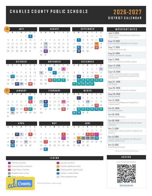 Charles County Public Schools printable 2026-27 calendar