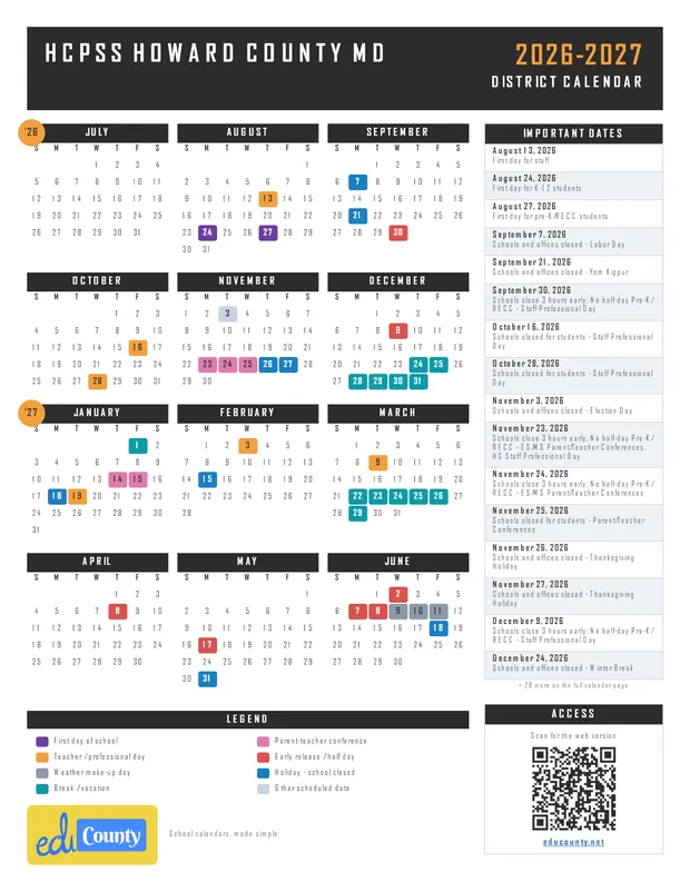 HCPSS Howard County printable 2026-27 calendar