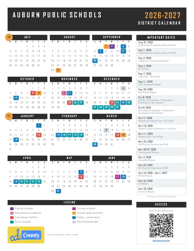 Auburn Public Schools printable 2026-27 calendar