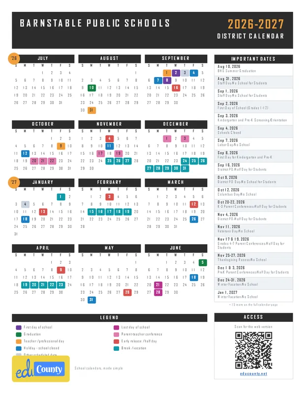 Barnstable Public Schools printable 2026-27 calendar
