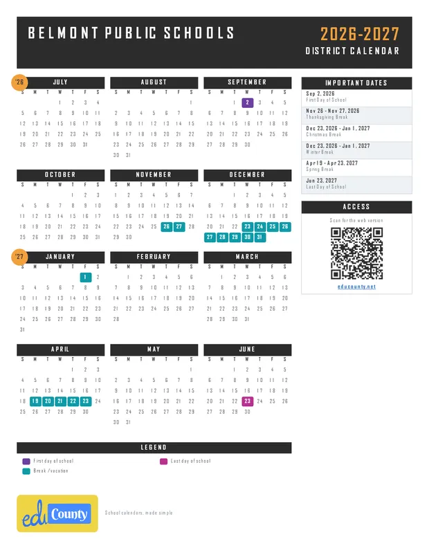 Belmont Public Schools printable 2026-27 calendar