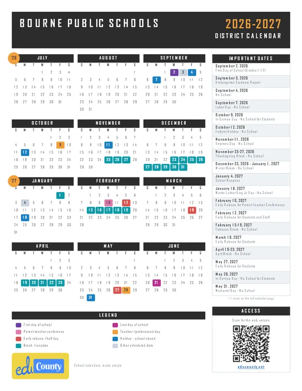 Bourne Public Schools printable 2026-27 calendar