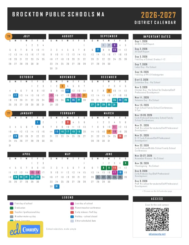 Brockton Public Schools printable 2026-27 calendar