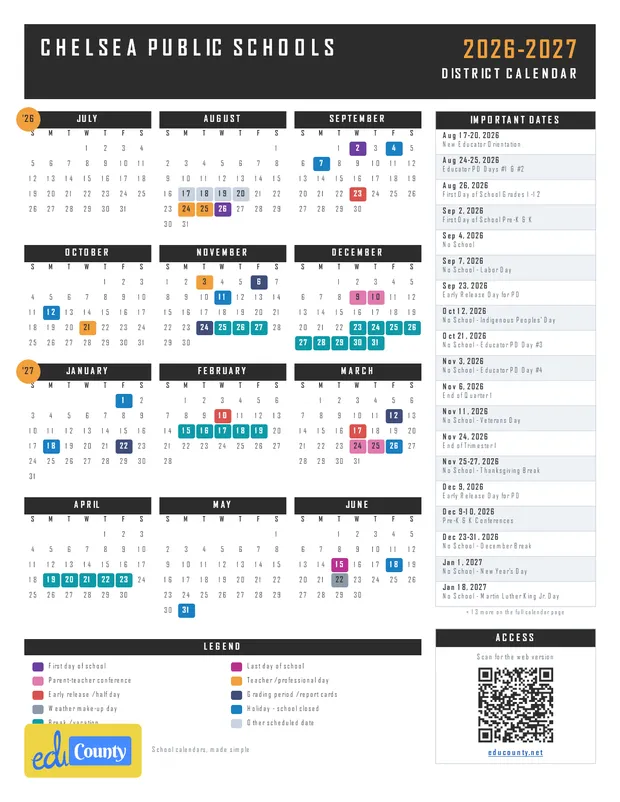 Chelsea Public Schools printable 2026-27 calendar