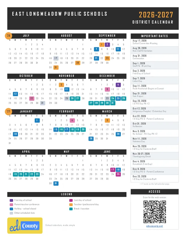 East Longmeadow Public Schools printable 2026-27 calendar