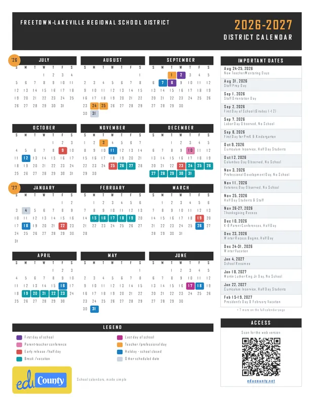 Freetown-Lakeville Regional School District printable 2026-27 calendar