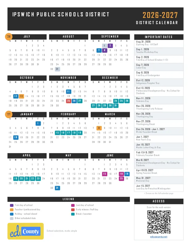 Ipswich Public Schools District printable 2026-27 calendar