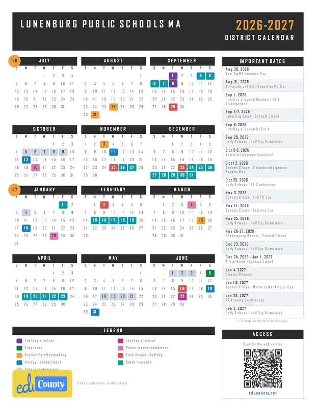 Lunenburg Public Schools printable 2026-27 calendar