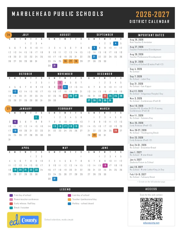 Marblehead Public Schools printable 2026-27 calendar