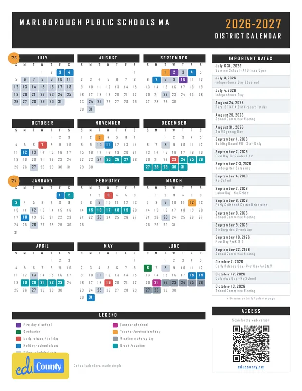 Marlborough Public Schools printable 2026-27 calendar