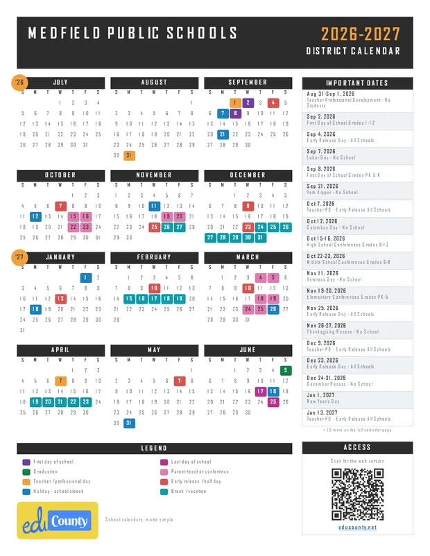 Medfield Public Schools printable 2026-27 calendar